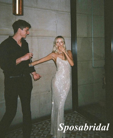 Sparkly Spaghetti Straps Sleeveless Mermaid Long Prom Dresses, PD3841