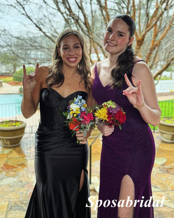 Black Soft Satin Sweetheart Sleeveless Side Slit Mermaid Long Prom Dresses, PD3927