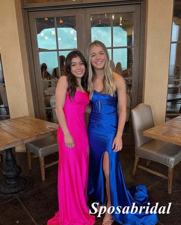 Sexy Soft Satin Royal-Blue Sweetheart V-Neck Sleeveless Side Slit Mermaid Long Prom Dresses, PD3932