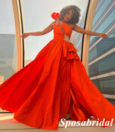 Elegant One Shoulder Sleeveless Side Slit A-Line Long Prom Dresses With Rhinestone, PD3919