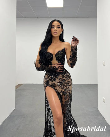 Sexy Black Tulle And Lace Sweetheart V-Neck Side Slit Mermaid Long Prom Dresses, PD3792