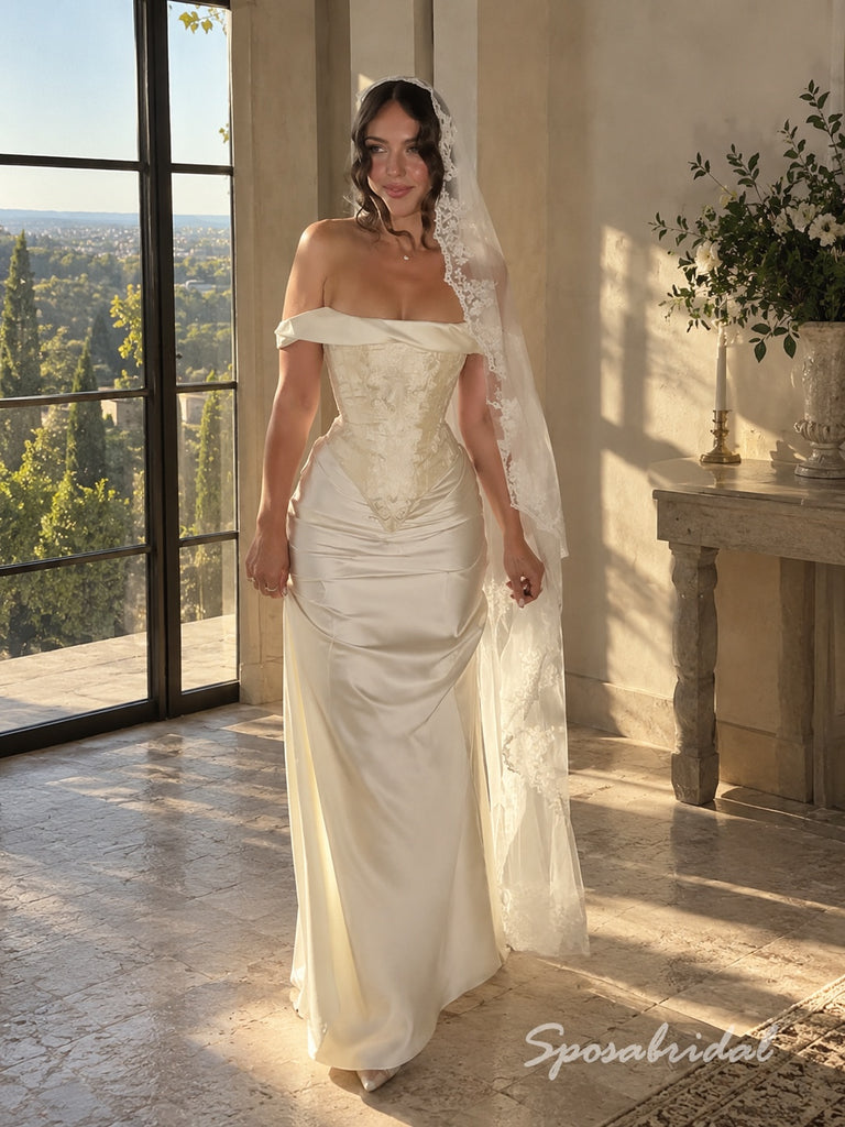 Off The Shoulder Short Sleeve Soft Satin Mermaid Wedding Dress, Lace Applique Corset Floor Length Bridal Gown,WD3139