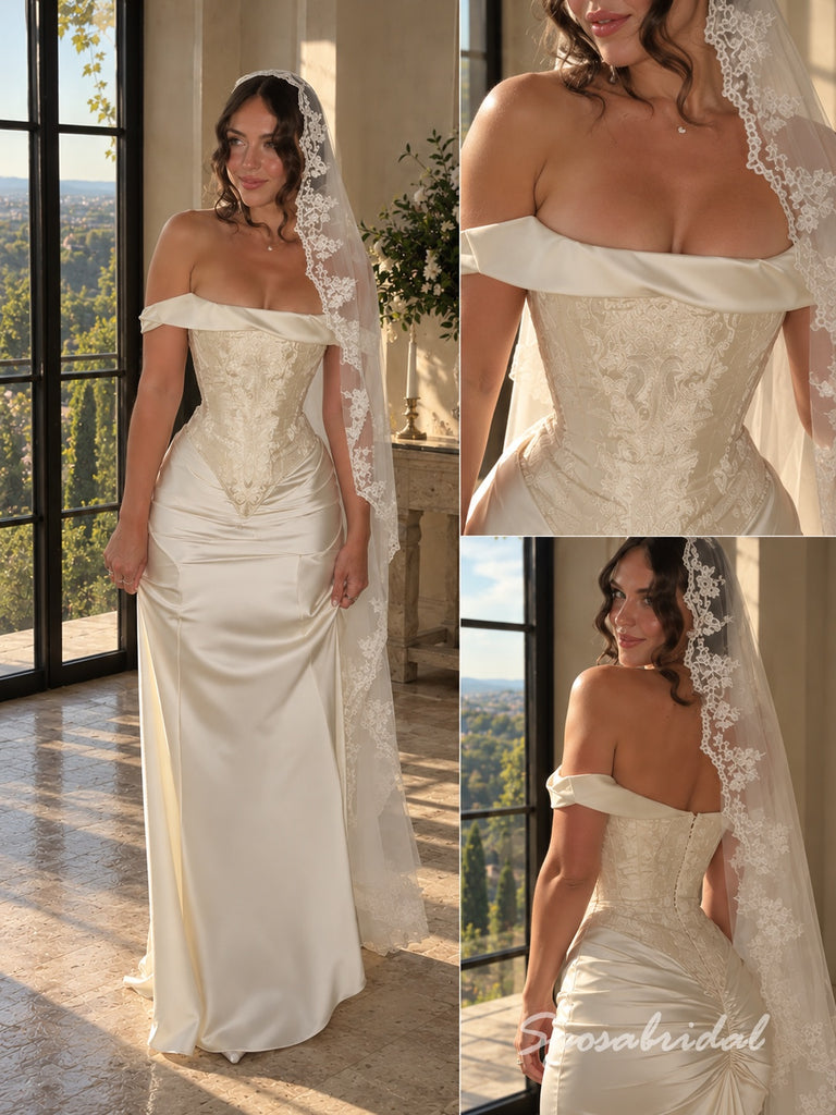 Off The Shoulder Short Sleeve Soft Satin Mermaid Wedding Dress, Lace Applique Corset Floor Length Bridal Gown,WD3139