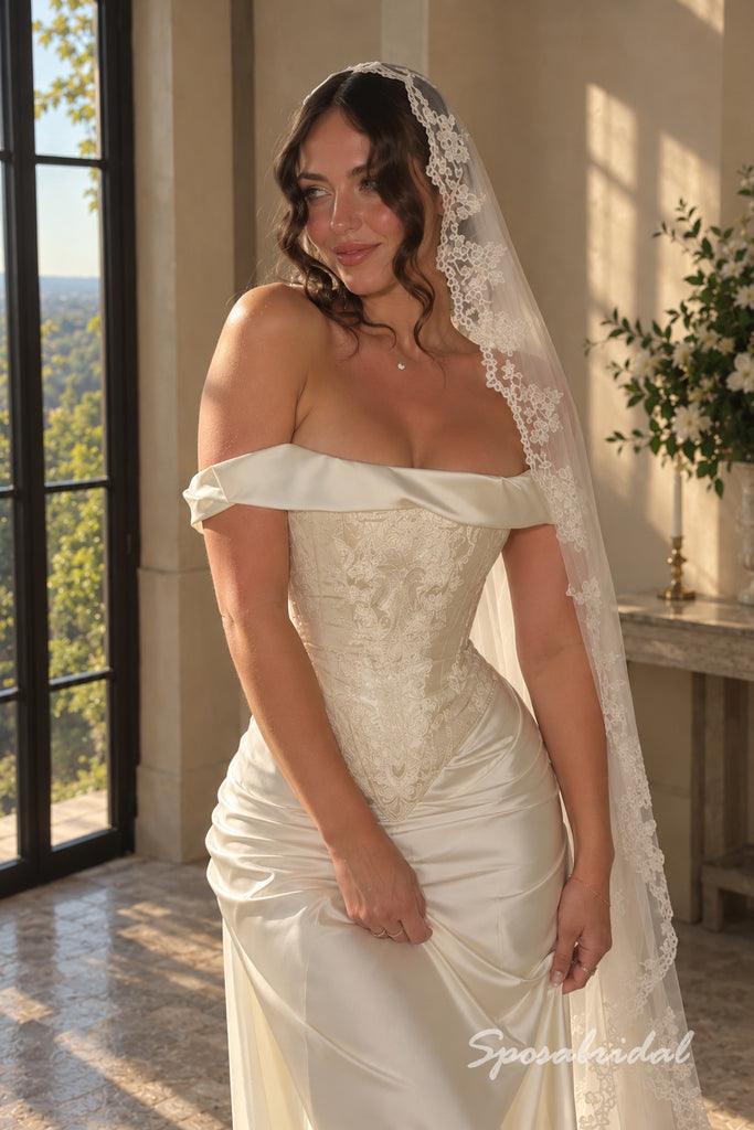 Off The Shoulder Short Sleeve Soft Satin Mermaid Wedding Dress, Lace Applique Corset Floor Length Bridal Gown,WD3139