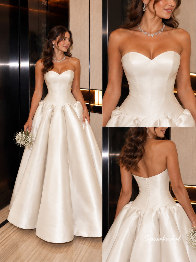 Strapless Sweetheart Satin Ballgown Wedding Dress, Voluminous Puff Skirt Bridal Gown, WD3150