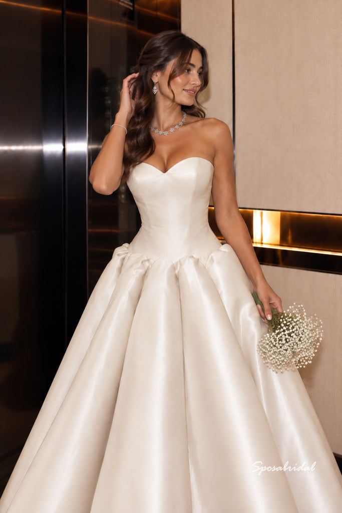 Strapless Sweetheart Satin Ballgown Wedding Dress, Voluminous Puff Skirt Bridal Gown, WD3150