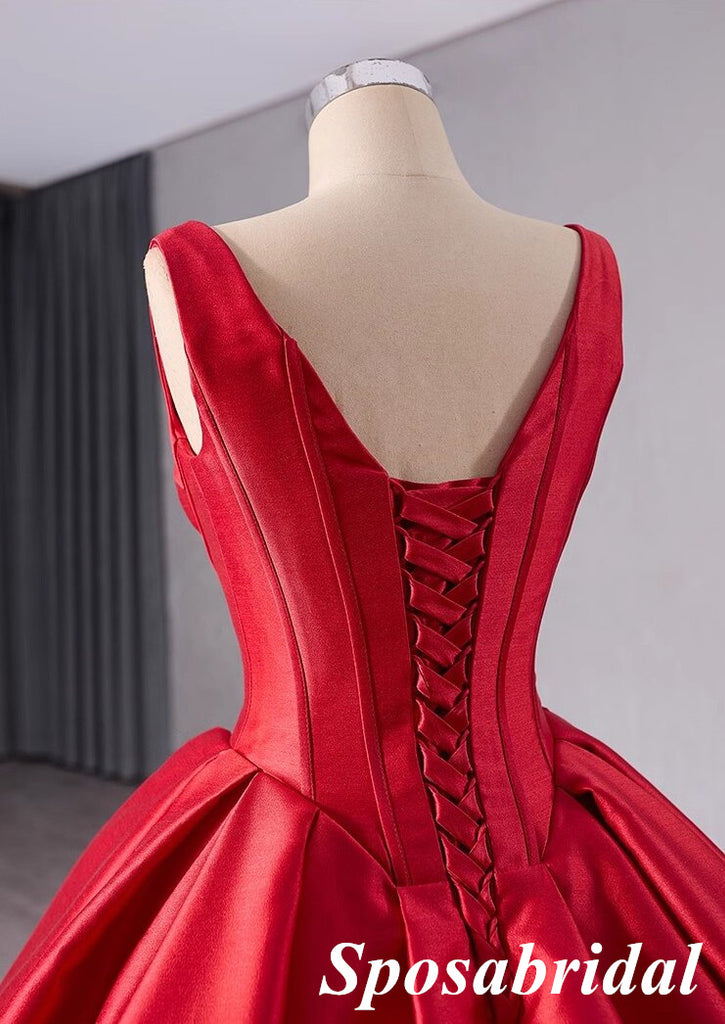 Elegant Red Satin Spaghetti Straps Sleeveless A-Line Ball Gown Long Prom Dress Formal Party Dress, PD3989