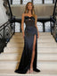 Black Satin Spaghetti Strap Evening Gown with Rhinestone Trim and High Slit, PD4151