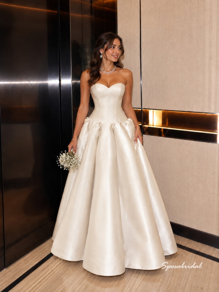 Strapless Sweetheart Satin Ballgown Wedding Dress, Voluminous Puff Skirt Bridal Gown, WD3150