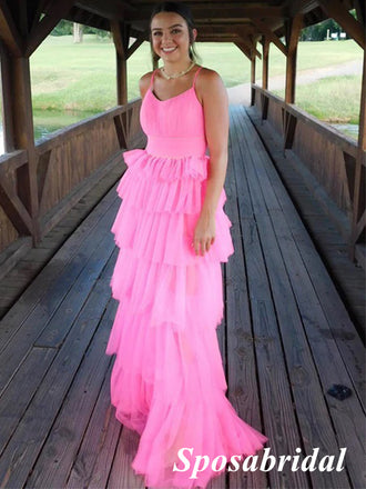 Sexy Hot Pink Tulle Spaghetti Straps A-Line Long Prom Dresses, PD3851