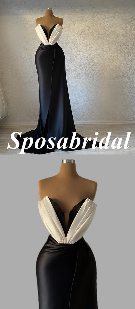 Sexy Soft Satin Sweetheart V-Neck Side Slit Mermaid Long Prom Dresses, PD3776