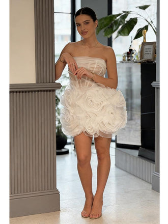 Elegant Strapless Mini Homecoming Dress | Sheer Corset Bodice with 3D Rose Floral Skirt, Cocktail Party Dress, PD3672