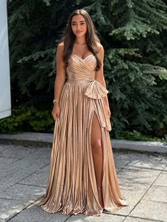 Sparkly Gold Pleated Ruched V-Neck Formal Evening Gown Bow Slit Backless Party Dress, PD4214