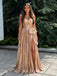 Sparkly Gold Pleated Ruched V-Neck Formal Evening Gown Bow Slit Backless Party Dress, PD4214