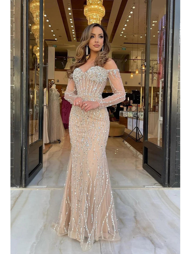 Sexy Off Shoulder Long Sleeves Beaded Mermaid Maxi Prom Dress Wedding Party Dress, PD4041
