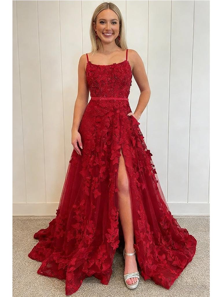 Sexy Tulle Lace Spaghetti Straps Square Side Slit A-Line Floor Length Prom Dress, PD4118