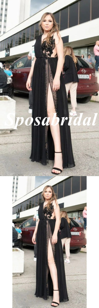 Sexy Black Chiffon Sspaghetti Straps  V-Neck Sleevless A-Line Floor Length Prom Dress, PD3966