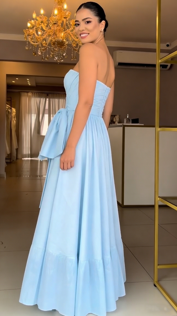 Elegant Satin Sweetheart Sleeveless A-Line Maxi Prom Dress with Bow, PD4046