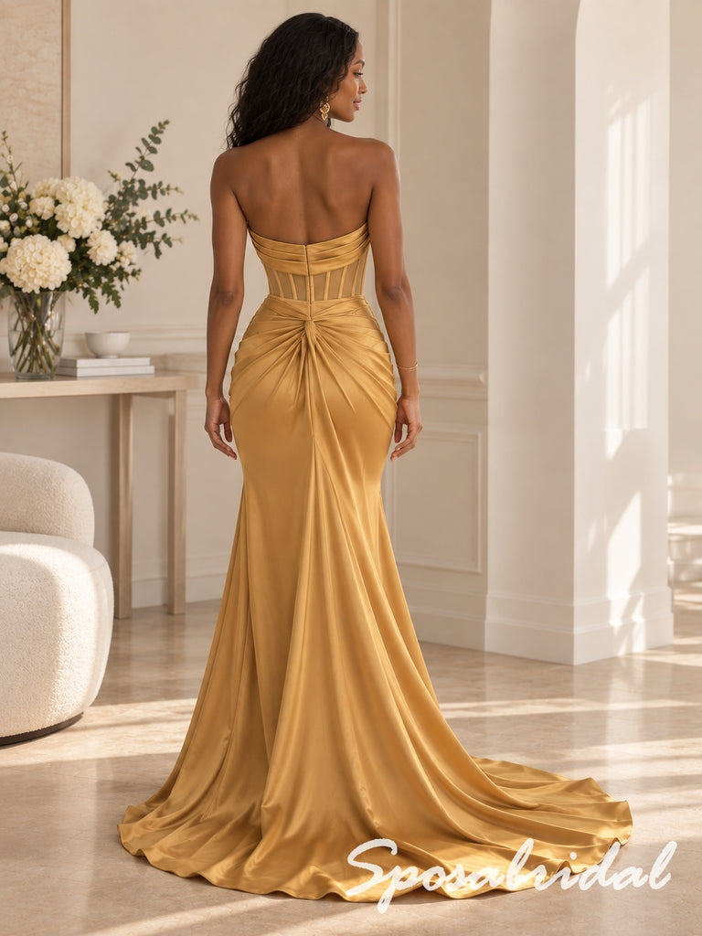 Gold Satin Strapless Draped Corset Knotted Waist High Slit Floor Length Mermaid Bridesmaid Gown,BD3486