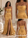 Gold Satin Strapless Draped Corset Knotted Waist High Slit Floor Length Mermaid Bridesmaid Gown,BD3486