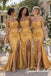 Gold Satin Strapless Draped Corset Knotted Waist High Slit Floor Length Mermaid Bridesmaid Gown,BD3486