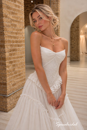 Strapless Sweetheart Tulle Wedding Dress, Lace Applique Corset Tiered Ruffle A-Line Bridal Gown,WD3140