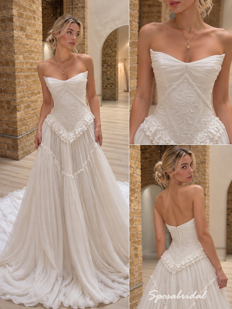 Strapless Sweetheart Tulle Wedding Dress, Lace Applique Corset Tiered Ruffle A-Line Bridal Gown,WD3140