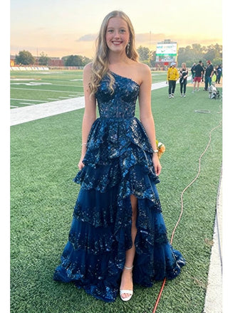 Navy Blue Sequin One Shoulder Tiered Side Slit A-Line Prom Dress with Ruffle Details, PD4194