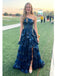 Navy Blue Sequin One Shoulder Tiered Side Slit A-Line Prom Dress with Ruffle Details, PD4194