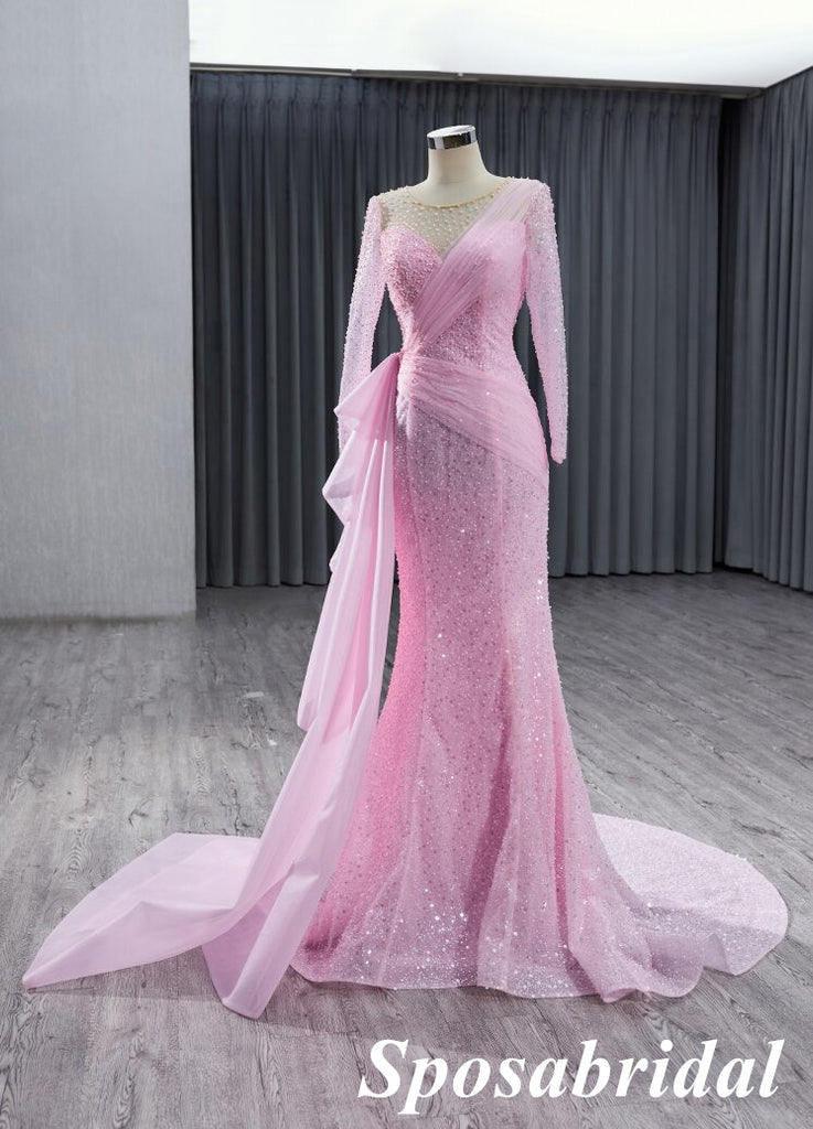 Elegant Candy-Pink Long Sleeves Beading Mermaid Long Prom Dress Formal PD3993