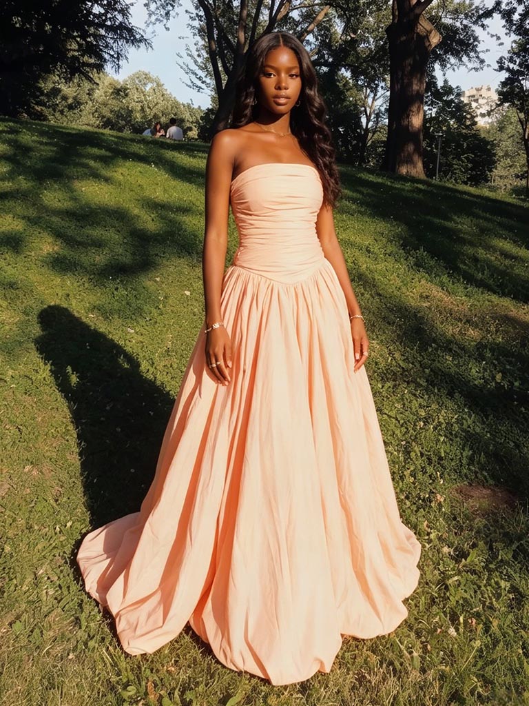 Blush Pink Strapless Ruched Ball Gown, Flowy Formal Prom Dress with Train for Special Occasion, PD4237