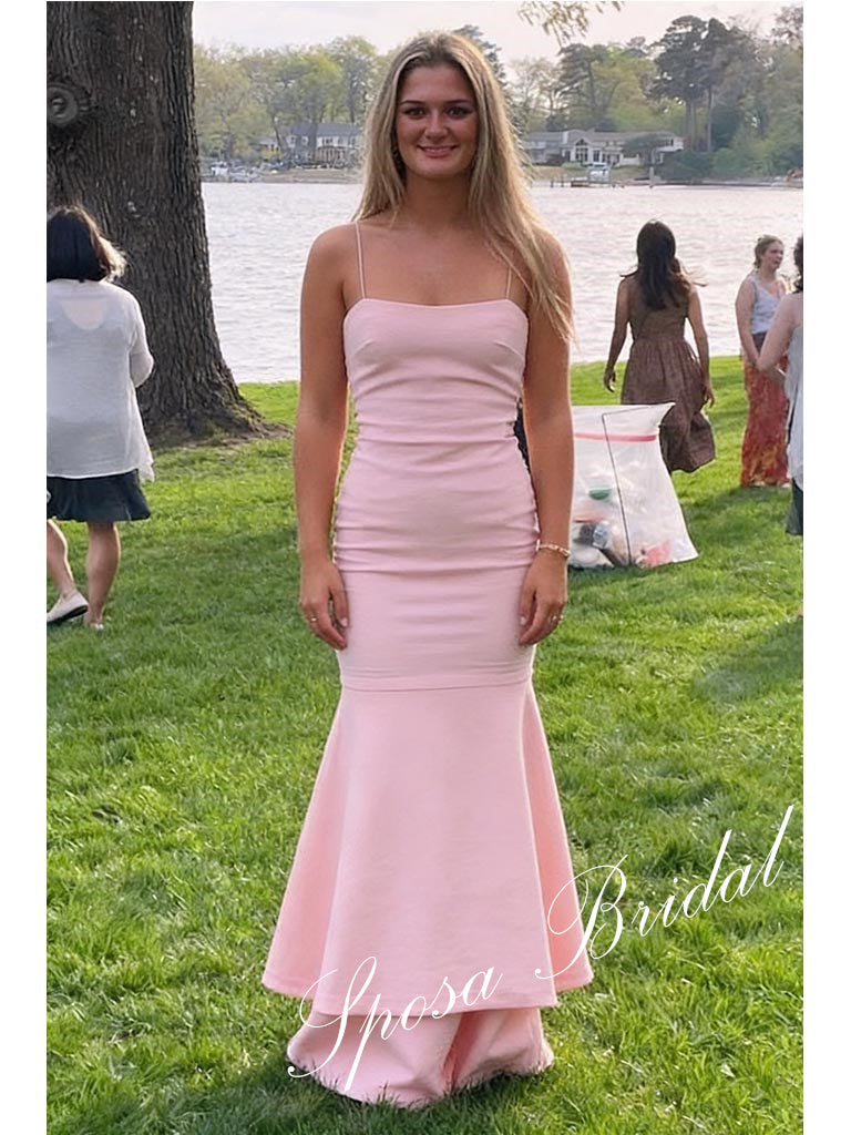 Sweet Crepe Spaghetti Straps Mermaid Floor Length Prom Dress, PD4094