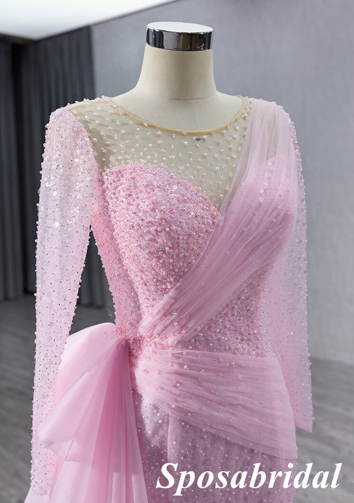 Elegant Candy-Pink Long Sleeves Beading Mermaid Long Prom Dress Formal PD3993