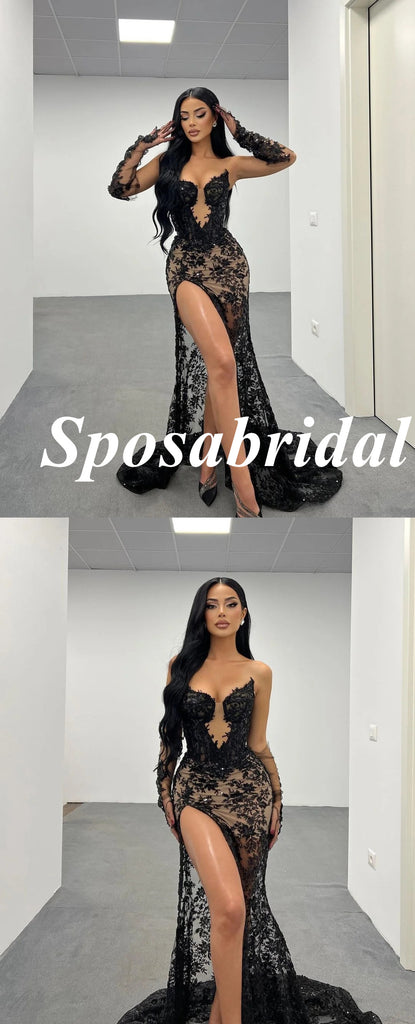 Sexy Black Tulle And Lace Sweetheart V-Neck Side Slit Mermaid Long Prom Dresses, PD3792