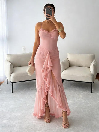 Sexy Chiffon Spaghetti Straps Ruffled Mermaid Floor Length Prom Dress With Split, PD4121