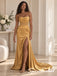Gold Satin Strapless Draped Corset Knotted Waist High Slit Floor Length Mermaid Bridesmaid Gown,BD3486