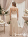 Champagne Satin Spaghetti Strap Cowl Neck Ruched Side High Slit Floor Length Sheath Formal Bridesmaid Dress,BD3487