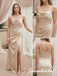 Champagne Satin Spaghetti Strap Cowl Neck Ruched Side High Slit Floor Length Sheath Formal Bridesmaid Dress,BD3487