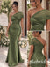 Olive Green Satin Ruched One Shoulder Tulle Sleeve Floor Length Mermaid Bridesmaid Gown, BD3482