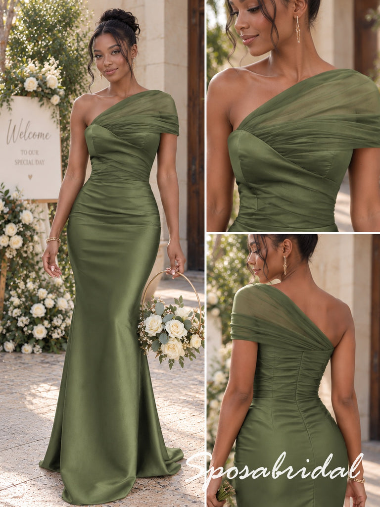 Olive Green Satin Ruched One Shoulder Tulle Sleeve Floor Length Mermaid Bridesmaid Gown, BD3482