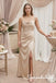 Champagne Satin Spaghetti Strap Cowl Neck Ruched Side High Slit Floor Length Sheath Formal Bridesmaid Dress,BD3487