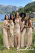 Champagne Satin Spaghetti Strap Cowl Neck Ruched Side High Slit Floor Length Sheath Formal Bridesmaid Dress,BD3487