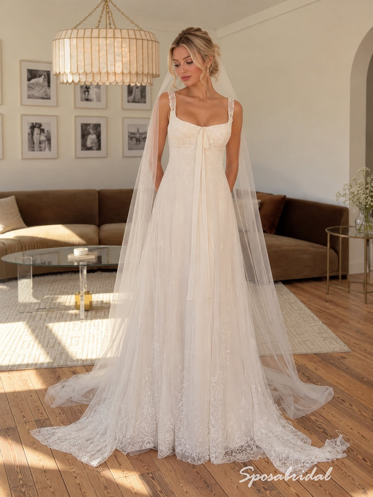 Square Neck Tulle Wedding Dress, Lace Applique Corset Bow Front A-Line Bridal Gown,WD3141