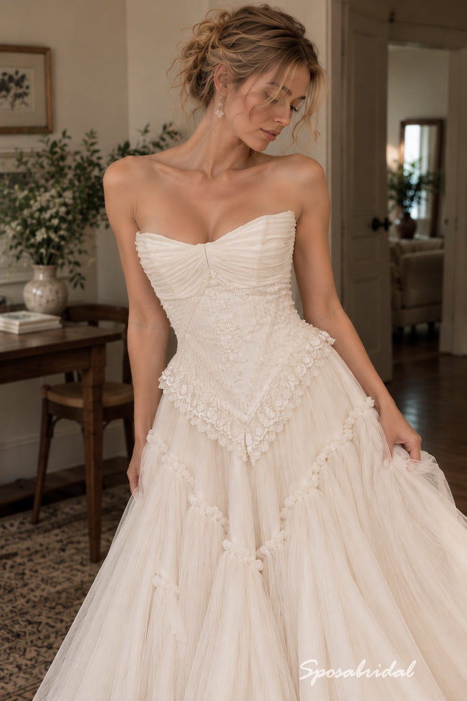 Strapless Backless Tulle Wedding Dress, Lace Applique Corset Ruffle A-Line Bridal Gown,WD3142