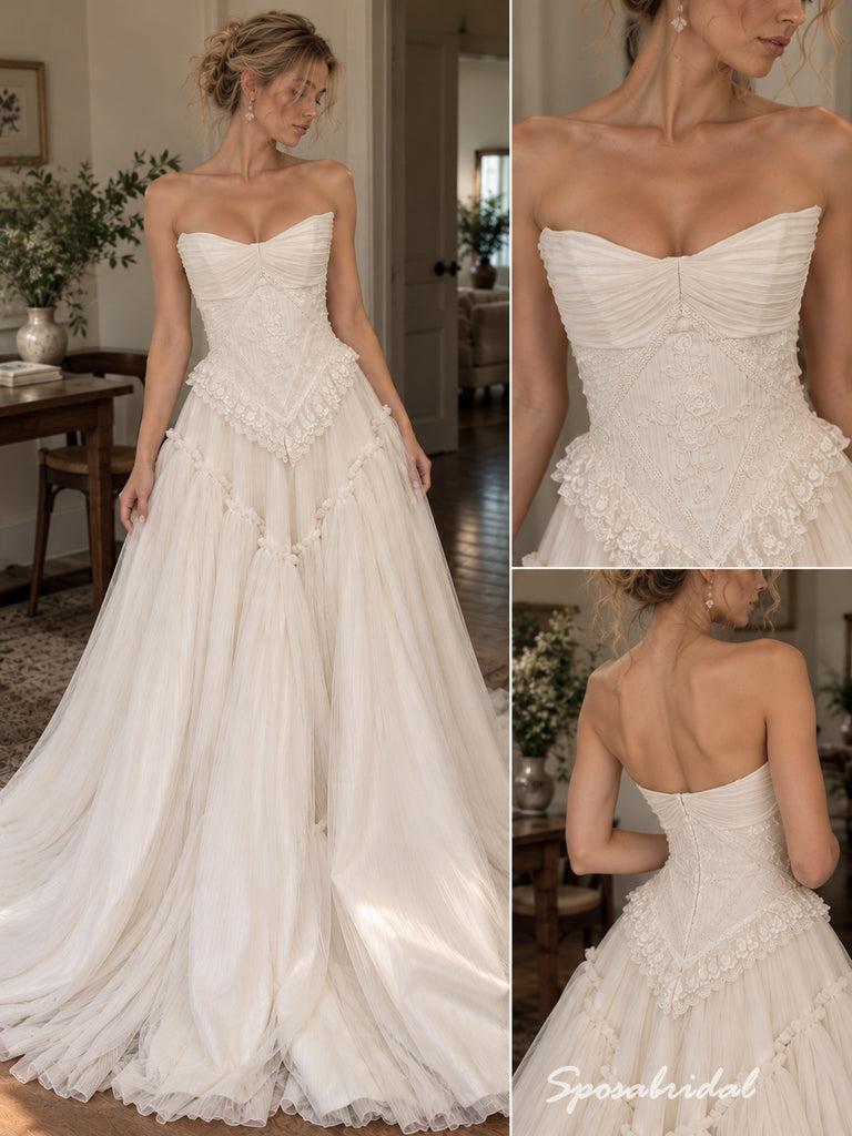 Strapless Backless Tulle Wedding Dress, Lace Applique Corset Ruffle A-Line Bridal Gown,WD3142