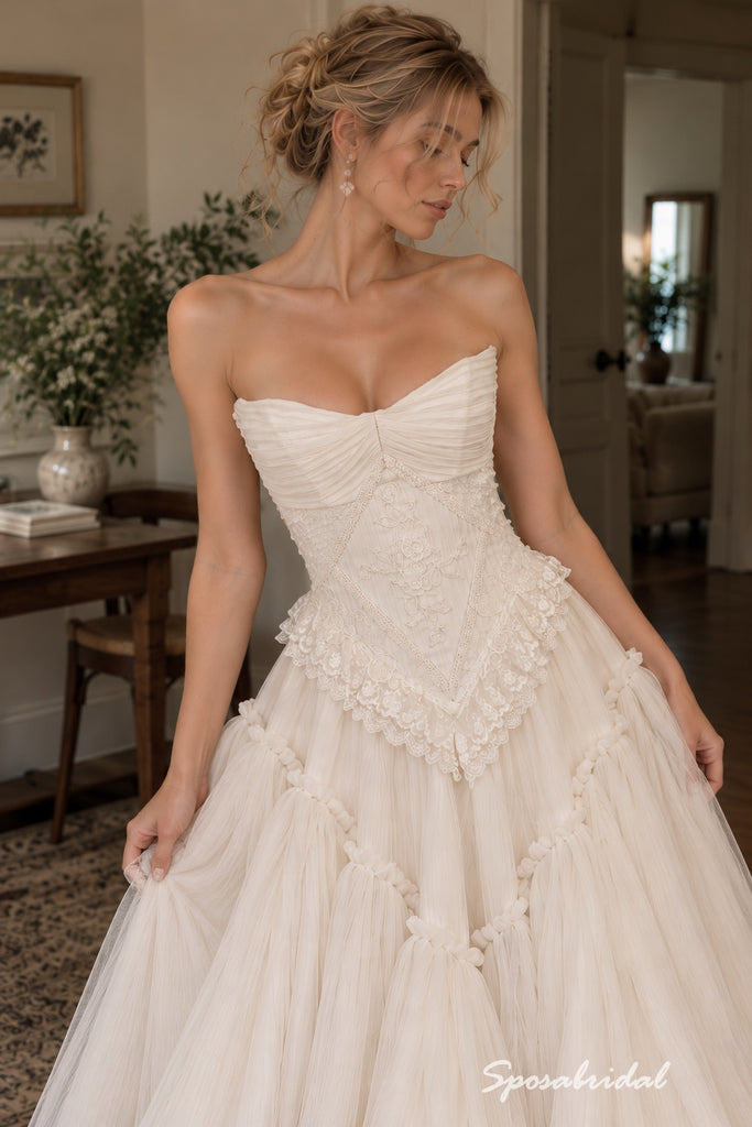 Strapless Backless Tulle Wedding Dress, Lace Applique Corset Ruffle A-Line Bridal Gown,WD3142
