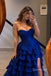 Strapless Royal Blue Corset Evening Dress, Tiered Ruffle High Slit Prom Gown, PD4357