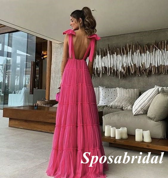 Elegant Pink Chiffon Spaghetti Straps V-Neck Open Back A-Line Long Prom Dresses, PD3800