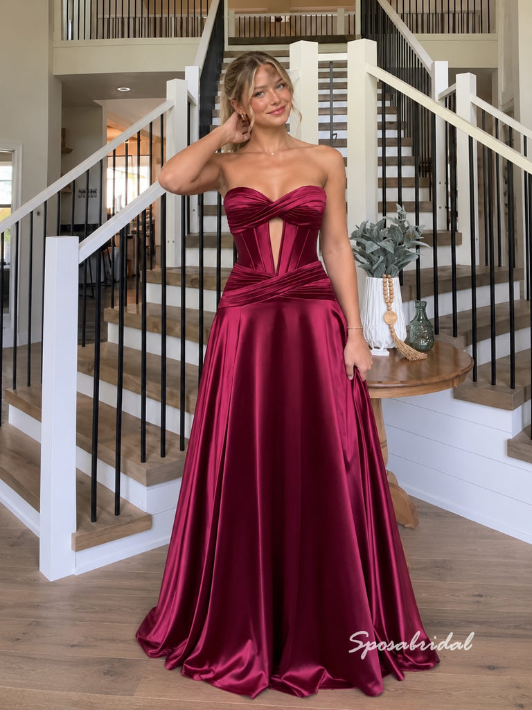 Burgundy Strapless Satin A-Line Gown, Keyhole Cutout Corset Formal Prom Evening Dress, PD4365