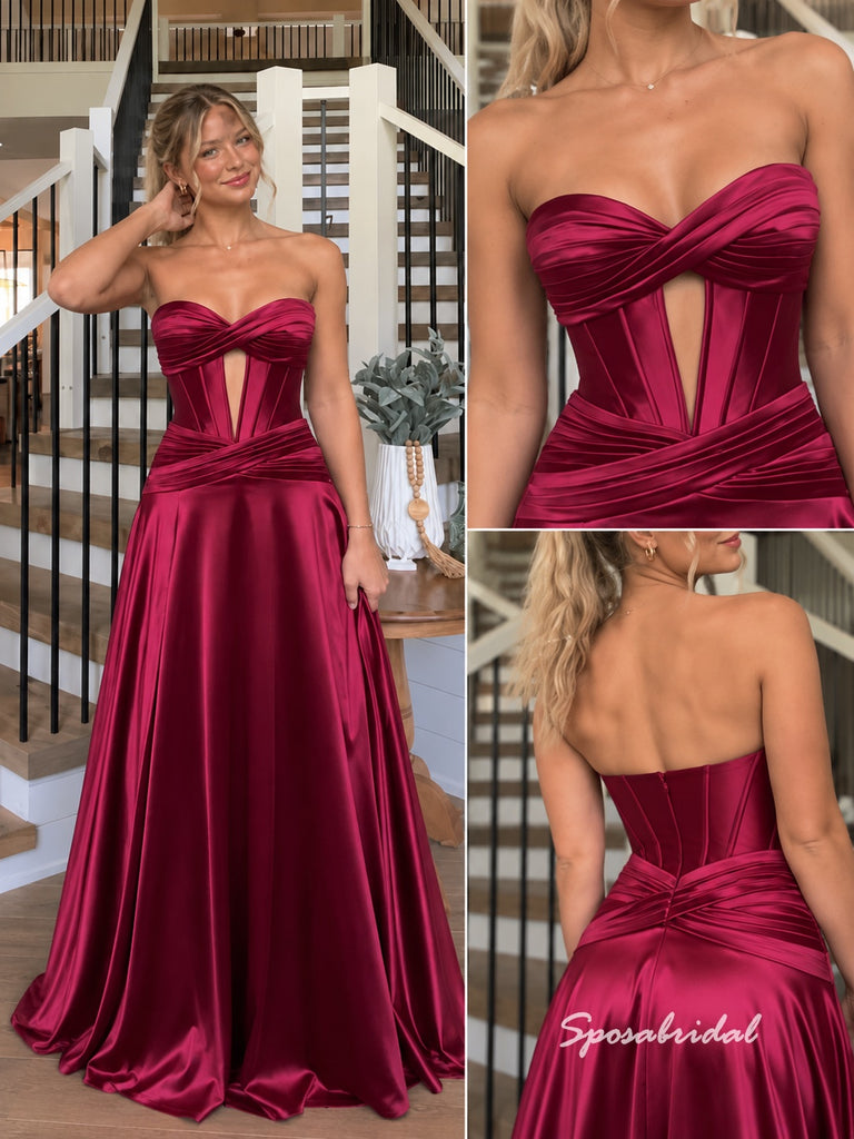 Burgundy Strapless Satin A-Line Gown, Keyhole Cutout Corset Formal Prom Evening Dress, PD4365